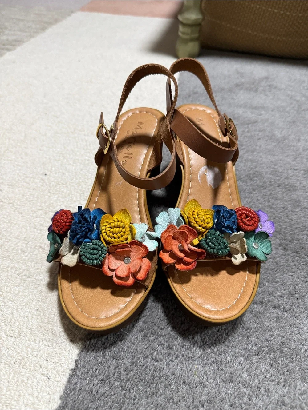 Tan Leather Sandals with Multicolor Floral Appliqués